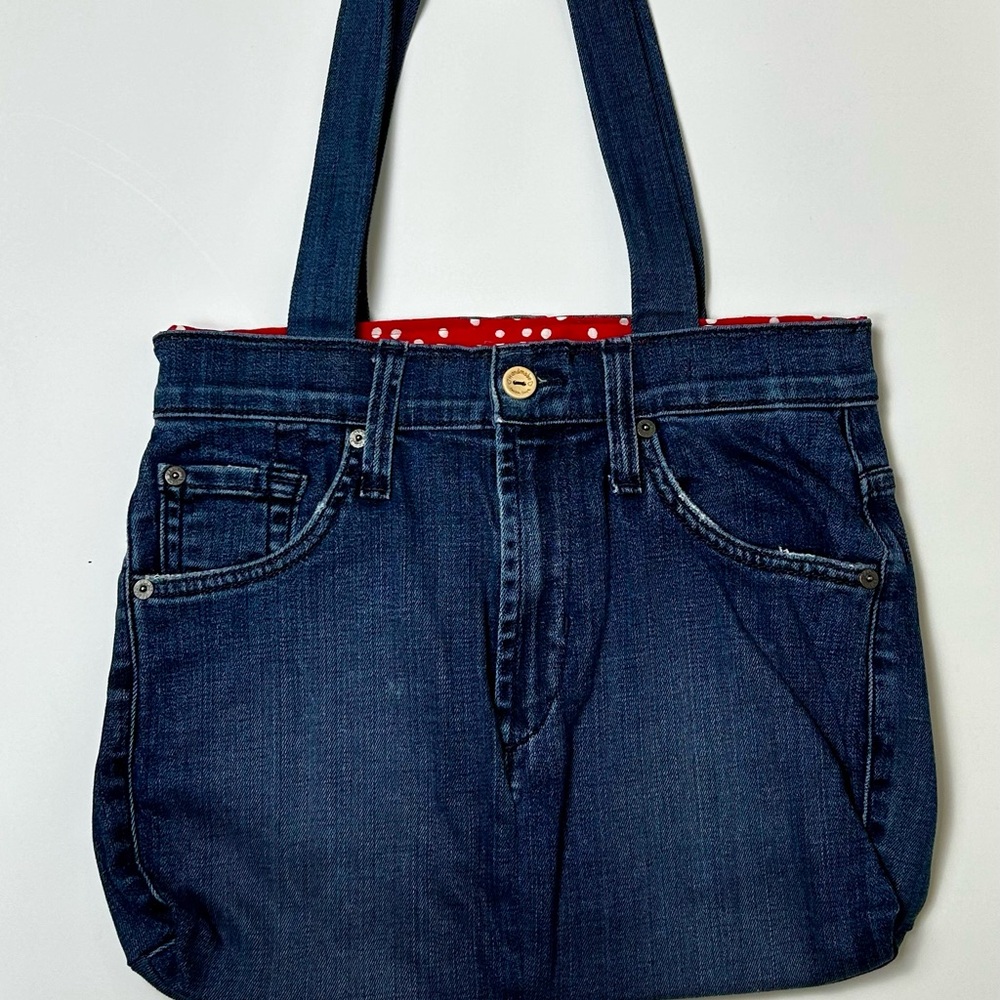 Handmade Eco Friendly shoulder Denim Tote Bag with Red Accents